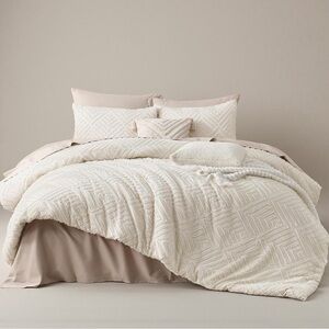 NEW Anthro Beige Diamond Tufted Queen / King Boho Comforter Bedding & Sham Set